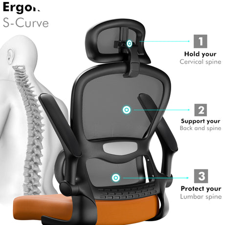 Orange and black comfortable chair designed for long hours, with ergonomic support and padded cushions.