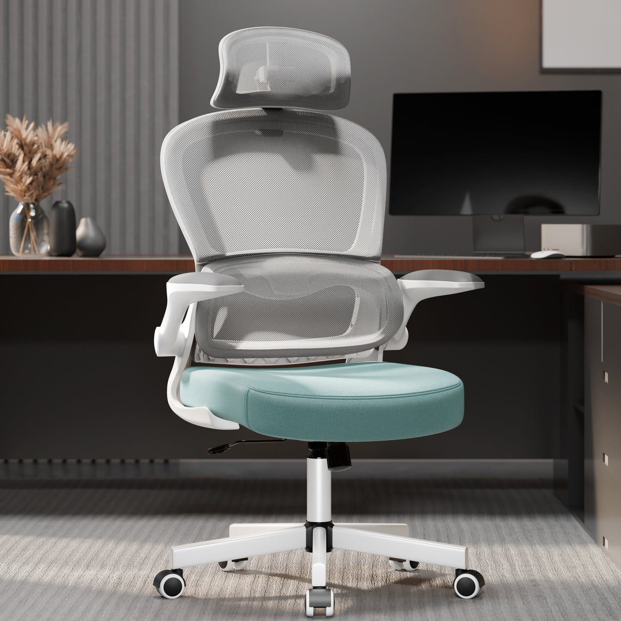 Tiffany Blue and grey mesh comfortable chair, provides a perfect blend of style and support.