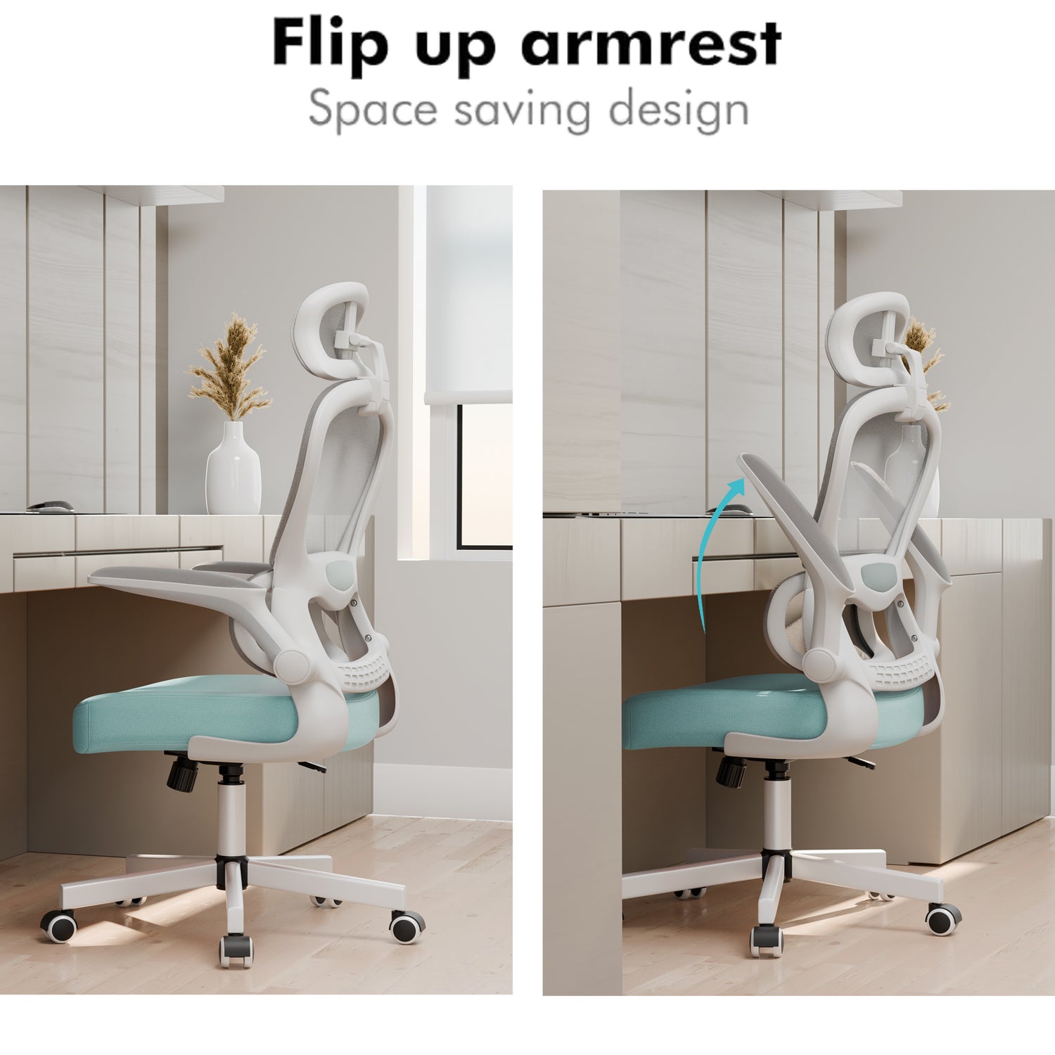 Flip-up arms on this Tiffany Blue and grey desk chair is designed for ergonomic comfort and space saving feature