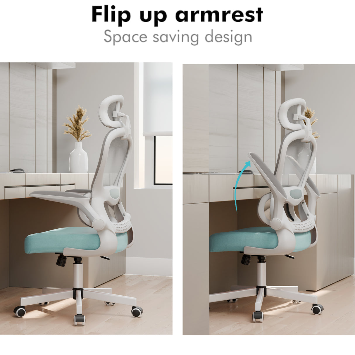 Flip-up armrest feature on teal ergonomic office chair. Space-saving mesh chair ideal for home office or study areas.