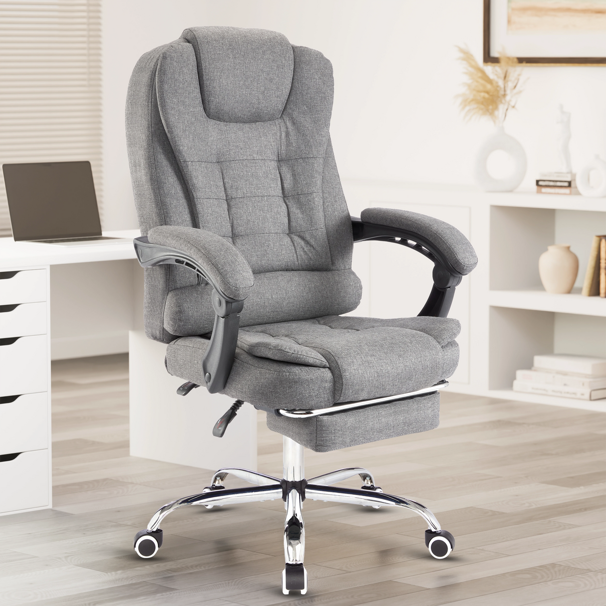 Dark grey linen linen office chair shown from the front for comfortable, stylish long hours sitting.