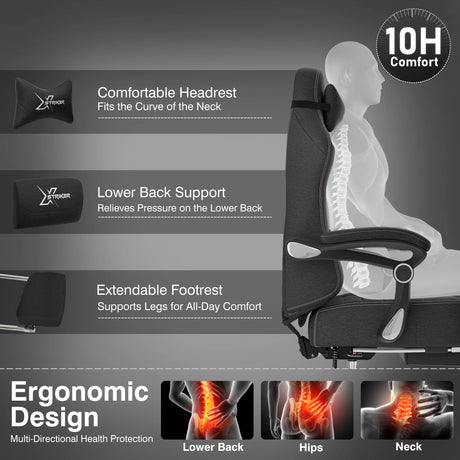 Ergonomic office chair with features highlighted on a gray background