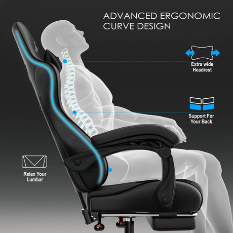 Xstriker ergonomic gaming chair features ergonomic curve design with lumbar support, extra wide headrest, and reclining backrest for posture comfort.