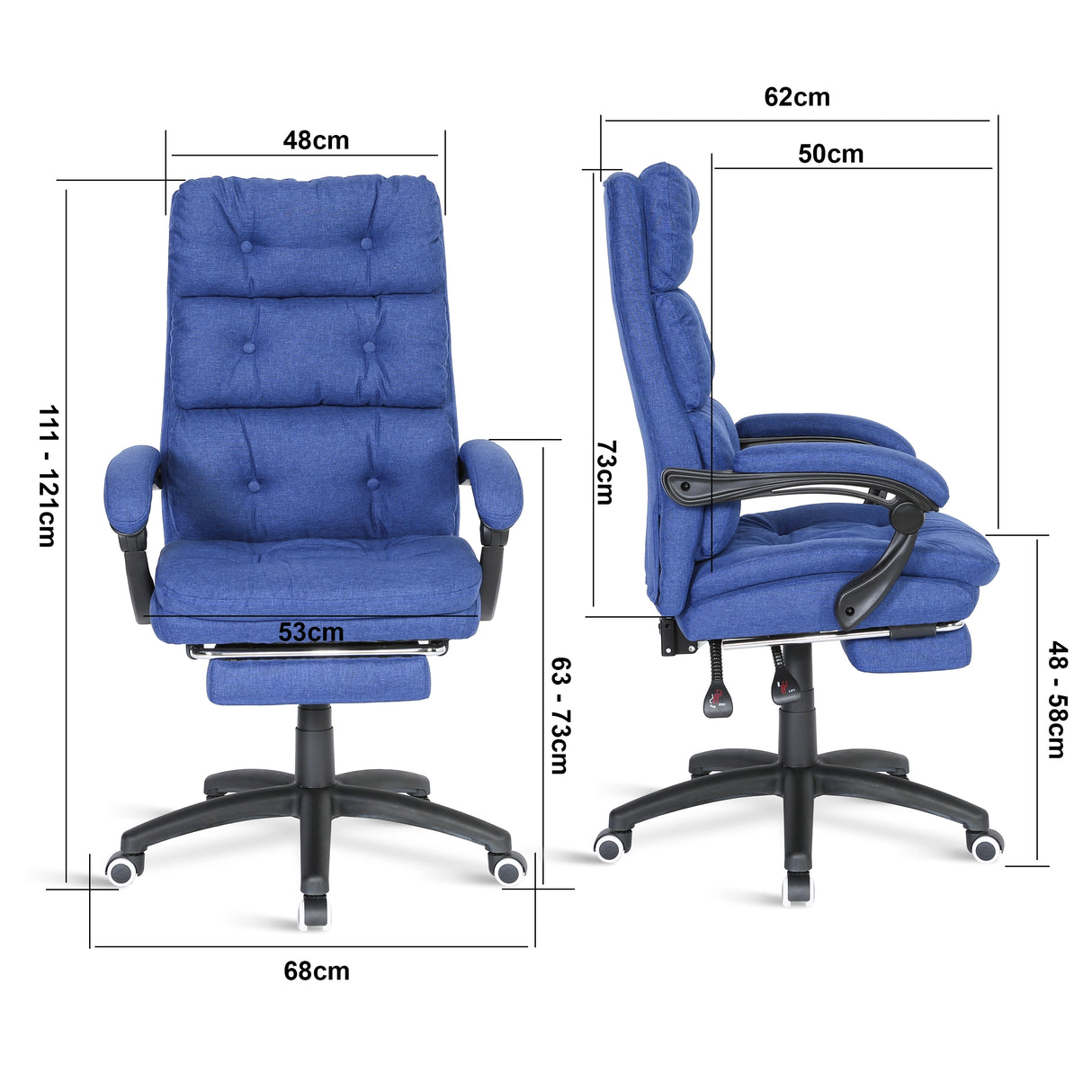 Dimensions of dark blue linenl office chair: 53cm seat width, 68cm wheelbase, adjustable 63-73cm.
