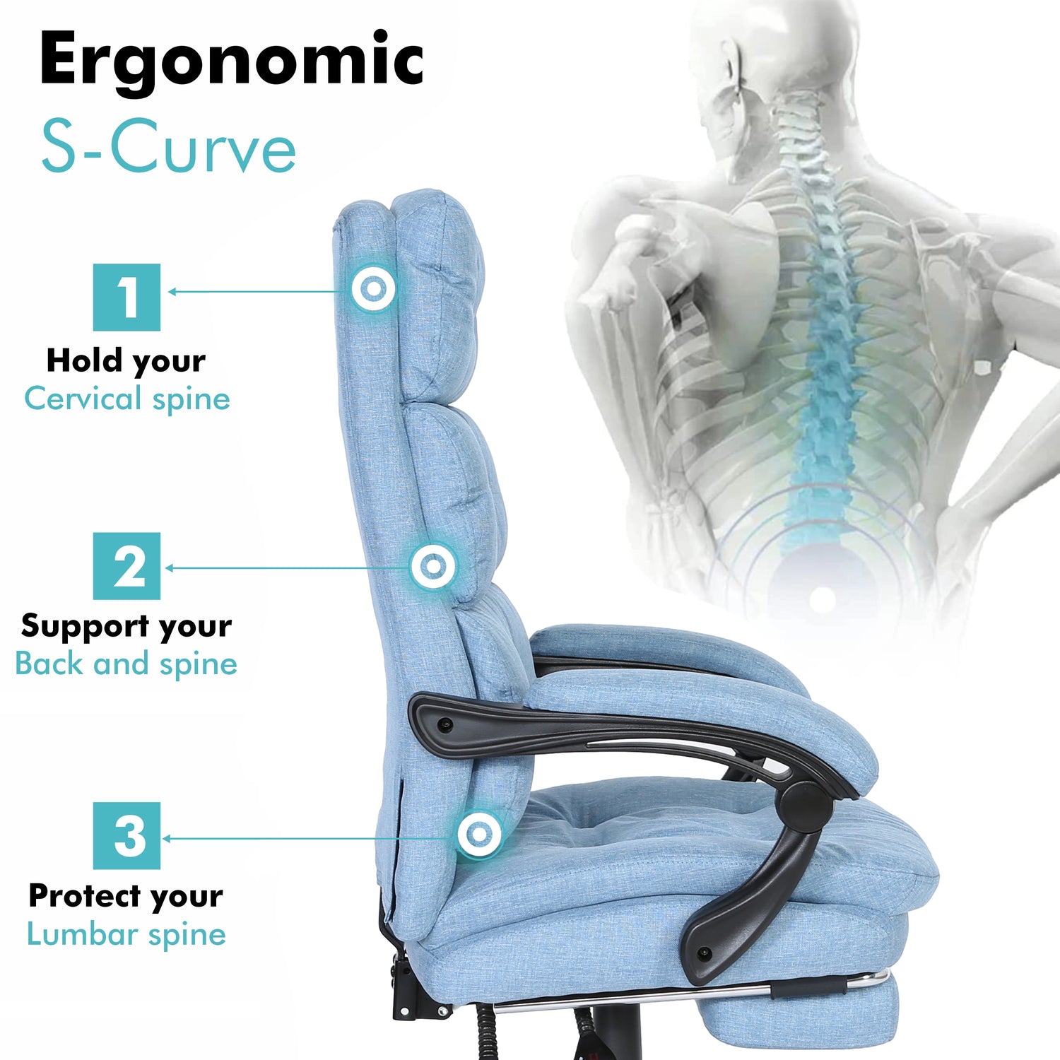 S-curve back design and lumbar support on the light blue linen ergonomic office chair, ideal for long working hours.