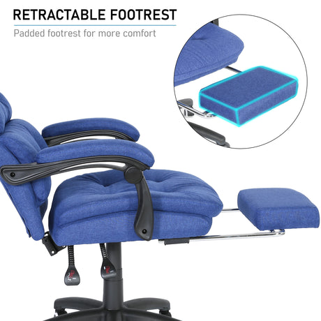 Reclined dark blue linen desk chair with footrest and hinged armrests folded back for relaxation.
