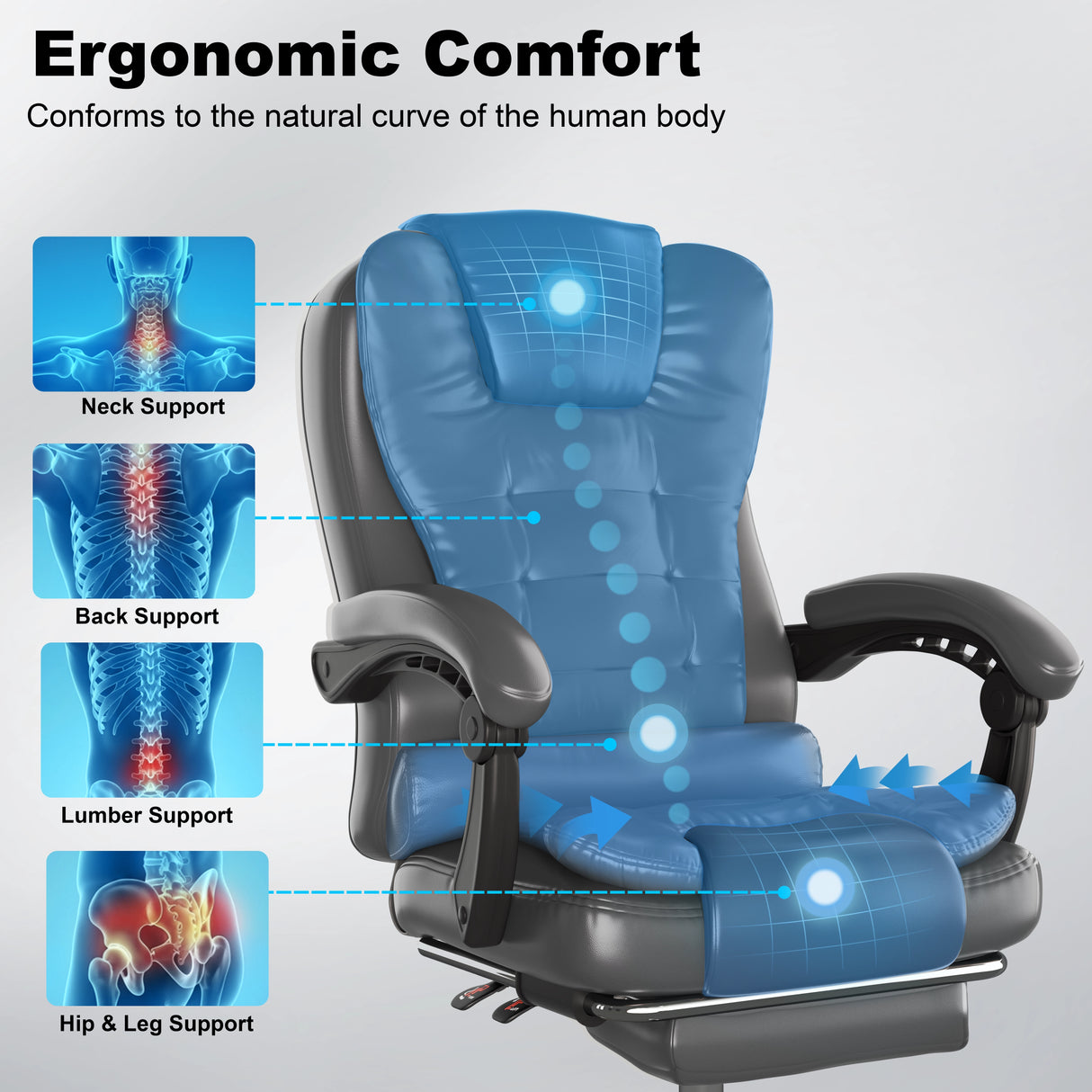 Ergonomic chair with support features highlighted on a gray background