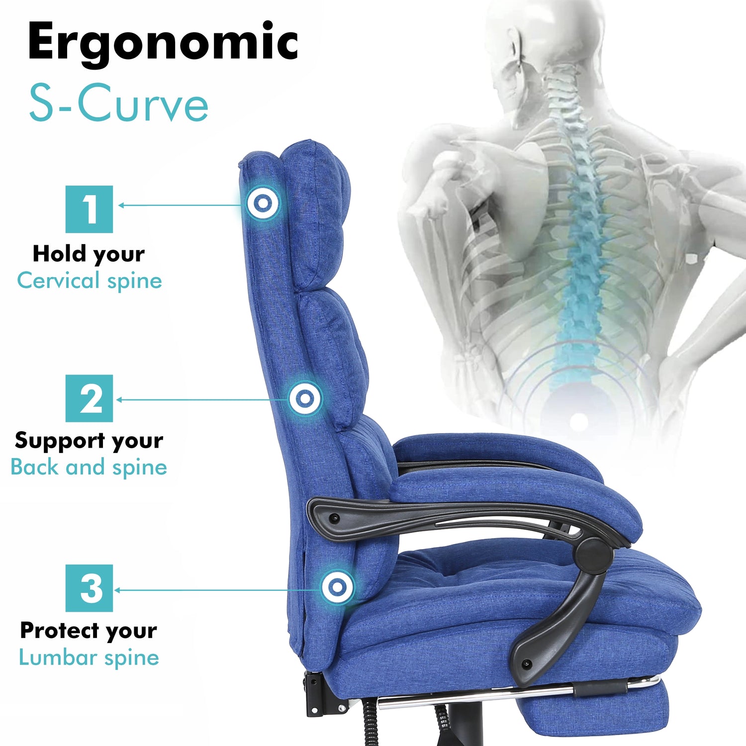Diagram showing lumbar S-curve support on the dark blue linen ergonomic office chair.