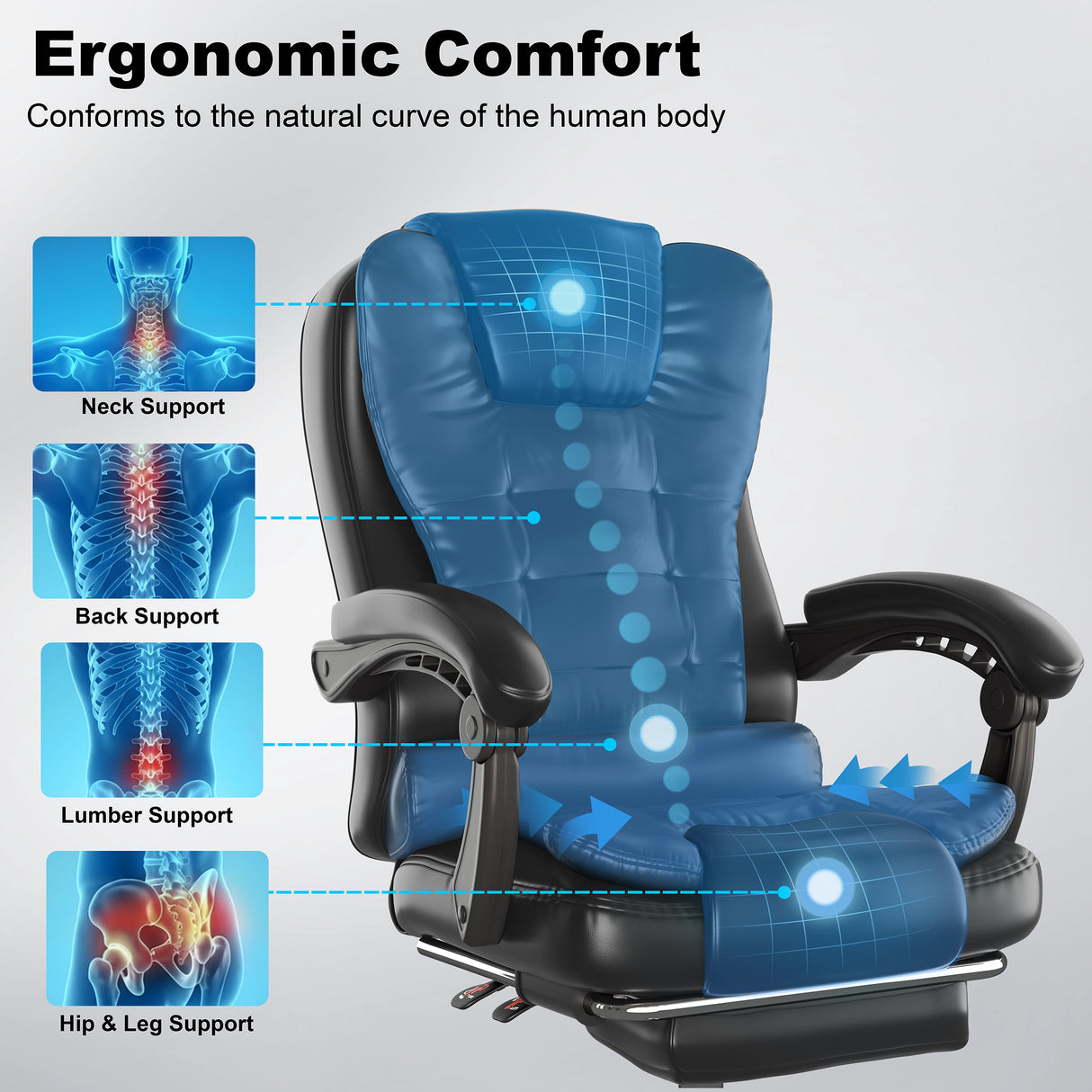Ergonomic chair with support features highlighted on a gray background