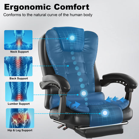 Ergonomic chair with support features highlighted on a gray background