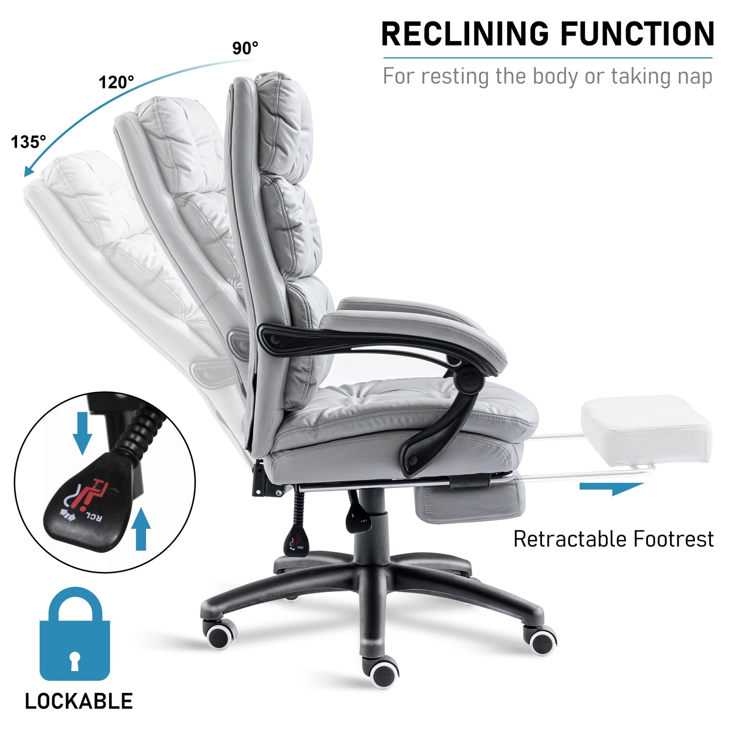 Side profile of office chairs showing 90–135° recline range, under-seat knob, and extended footrest in use.