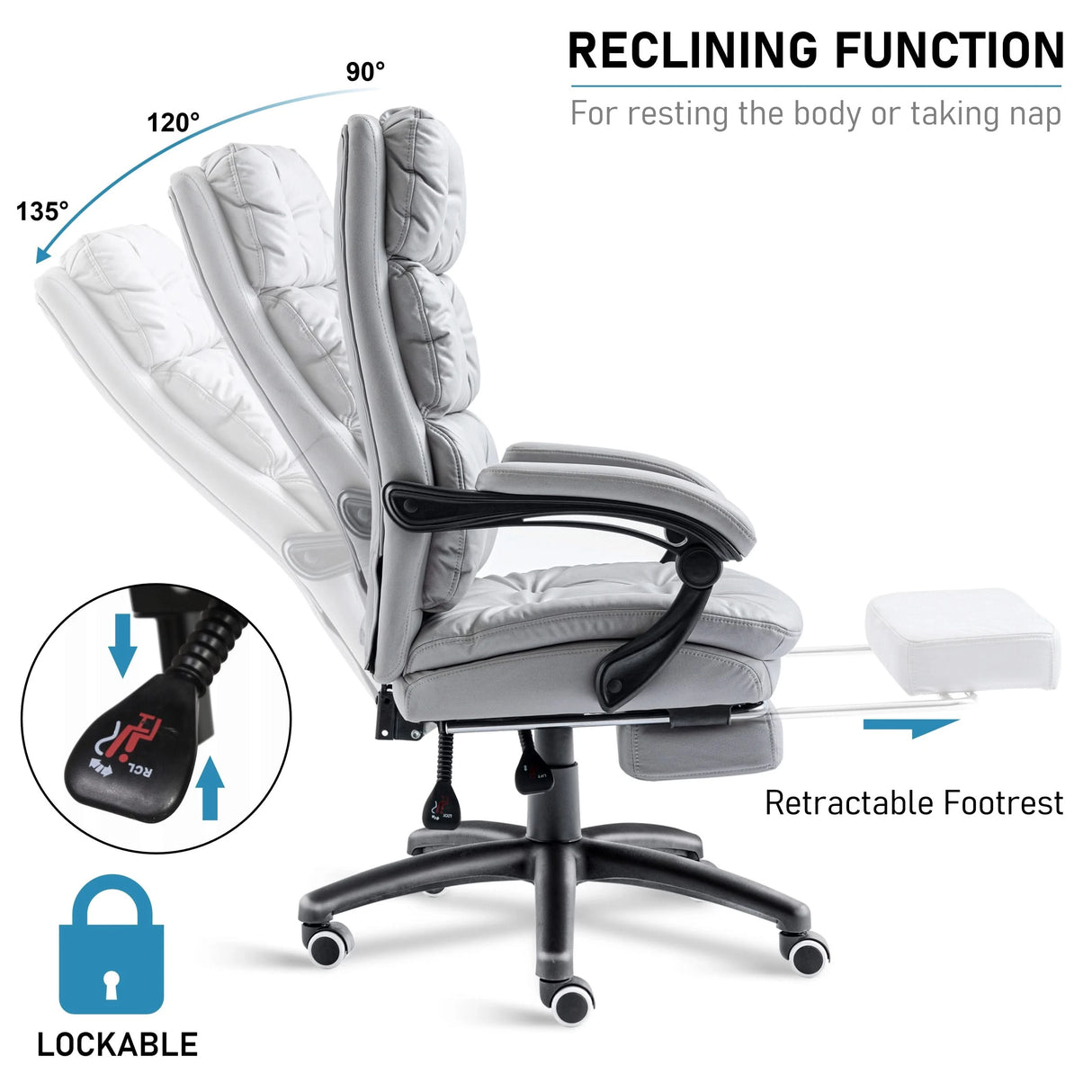 Side profile of office chairs showing 90–135° recline range, under-seat knob, and extended footrest in use.