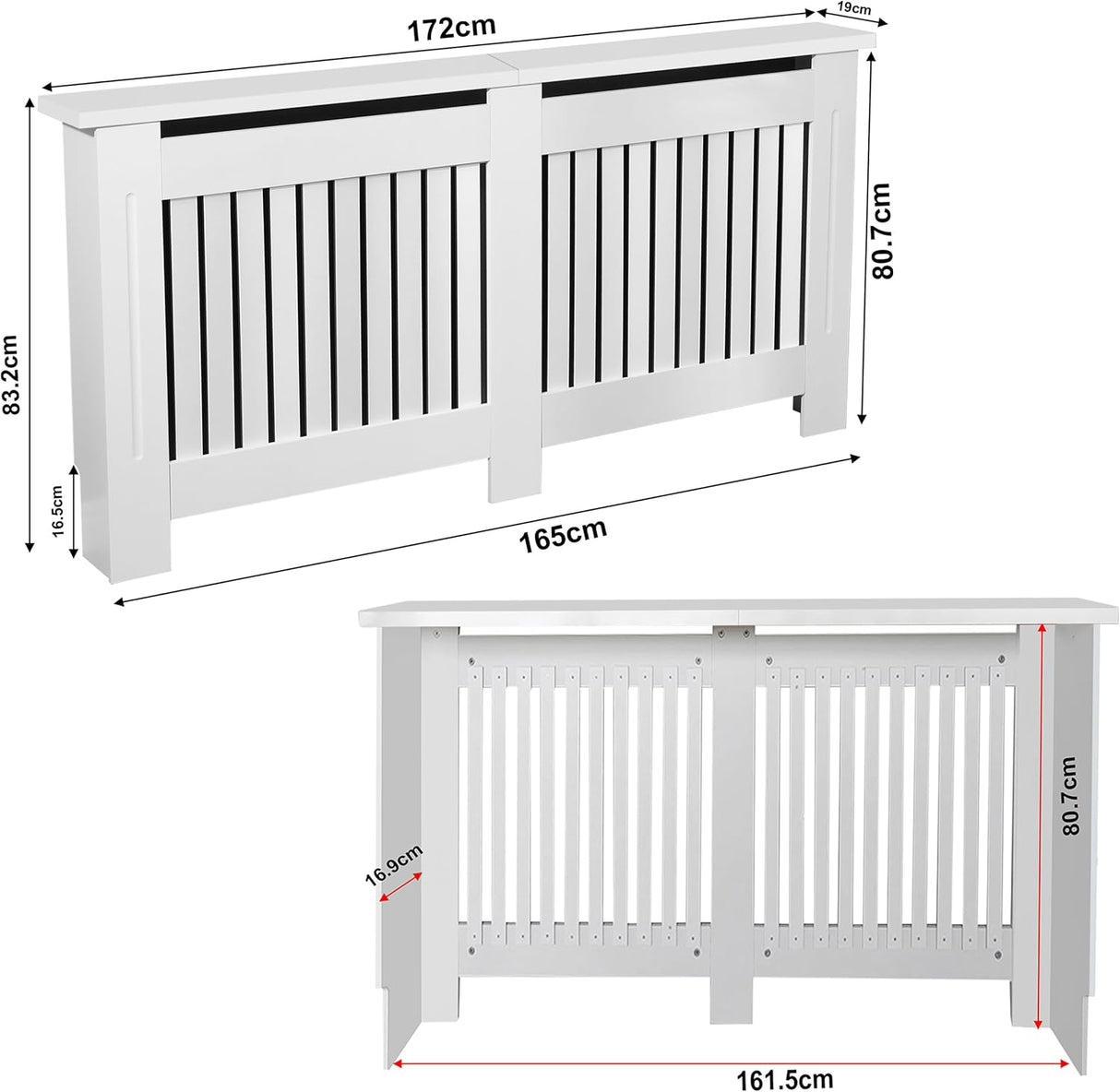 Dimensions of a white radiator cover with measurements in centimeters.