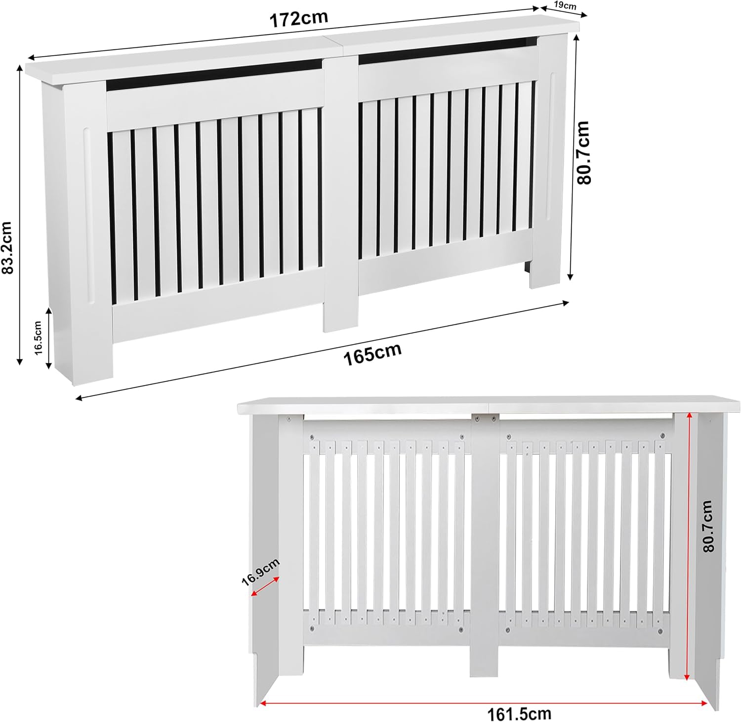 Dimensions of a white radiator cover with measurements in centimeters.