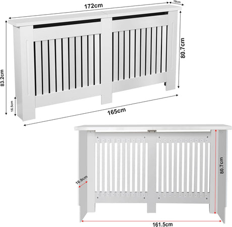 Dimensions of a white radiator cover with measurements in centimeters.