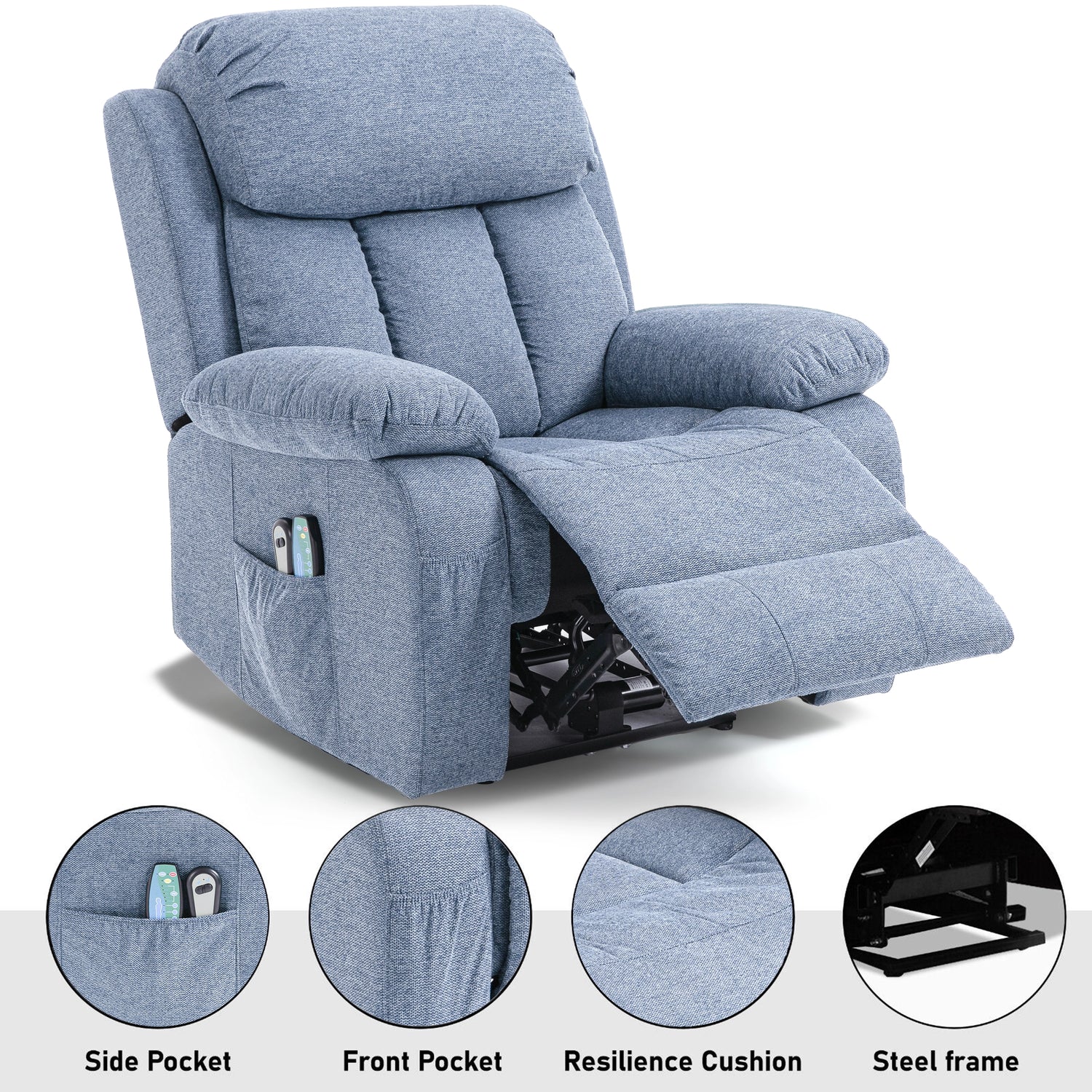 Close-up of blue fabric best recliner armchairs' armrest, remote pocket and integrated footrest.