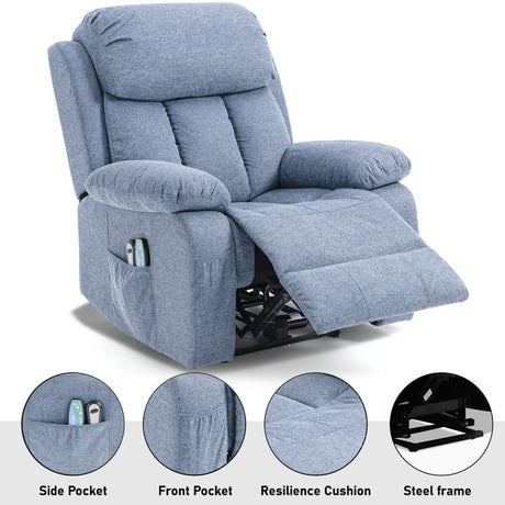 Close-up of blue fabric best recliner armchairs' armrest, remote pocket and integrated footrest.