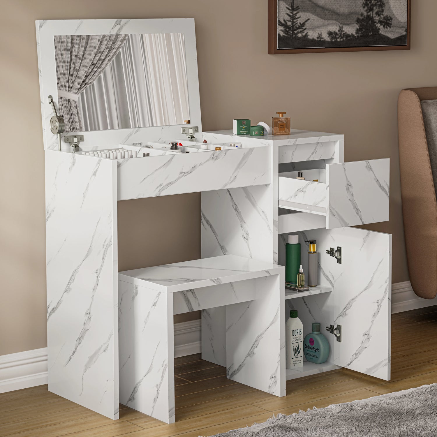 Modern white marble makeup dressing table with flip-up mirror, matching stool, and multiple storage sections for cosmetics and toiletries.