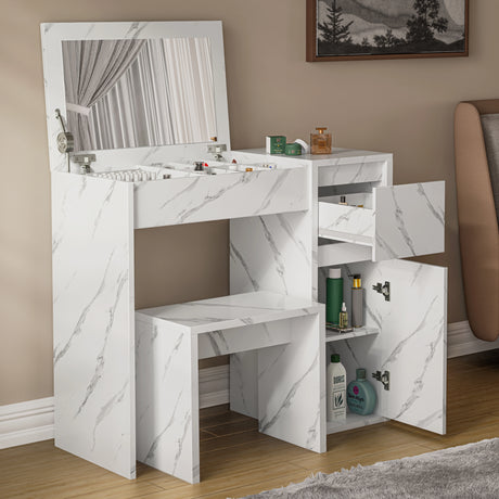 Modern white marble makeup dressing table with flip-up mirror, matching stool, and multiple storage sections for cosmetics and toiletries.