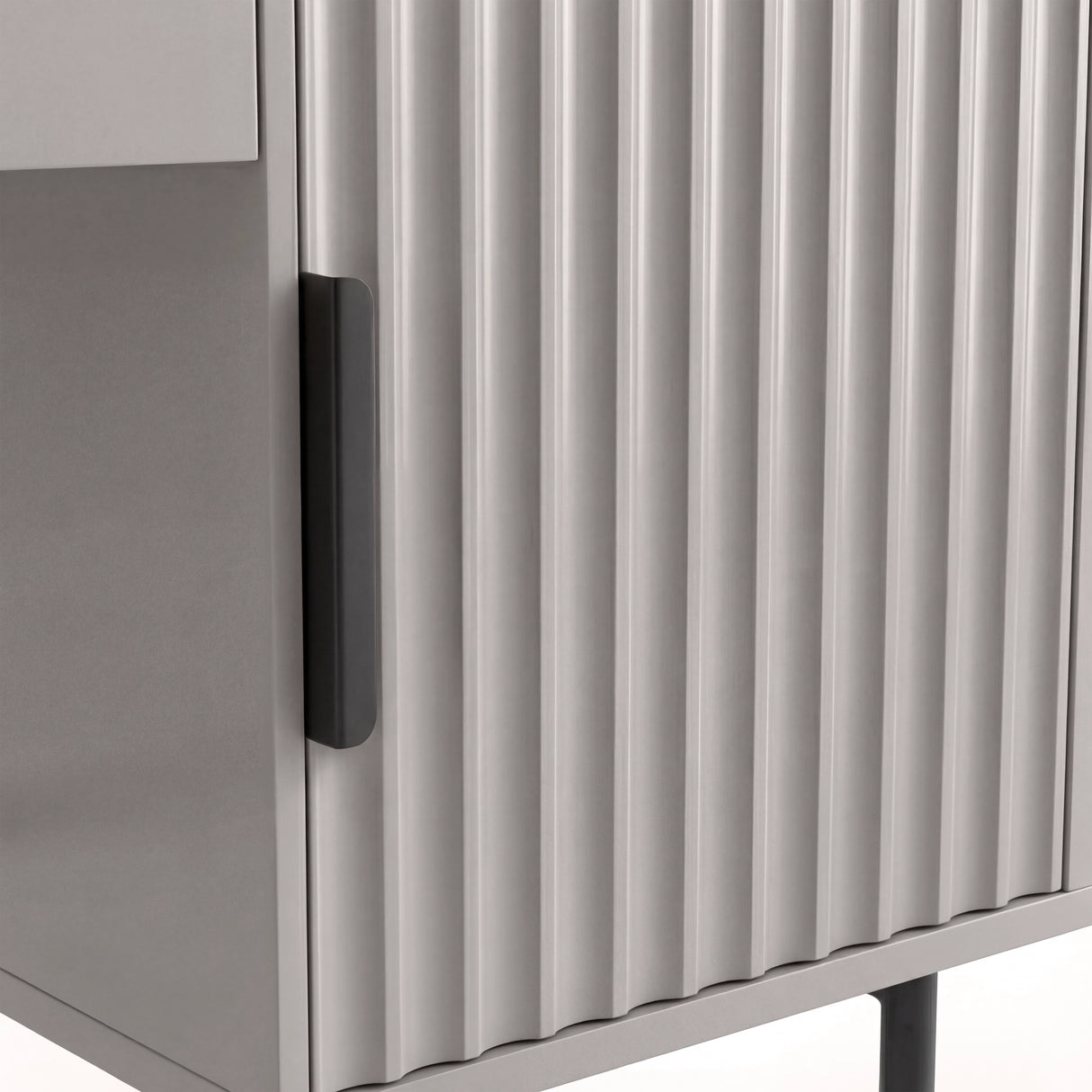 View of a grey flutrina design dressing table with clean black handle on its storage compartment and black metal legs