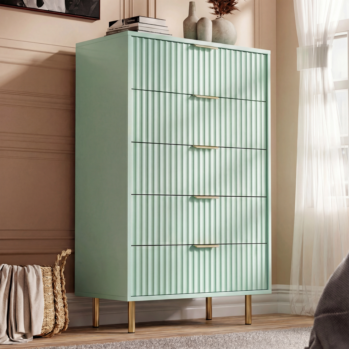 Green painted 5 drawer chest with flutrina drawer fronts and gold finish metal handles and legs