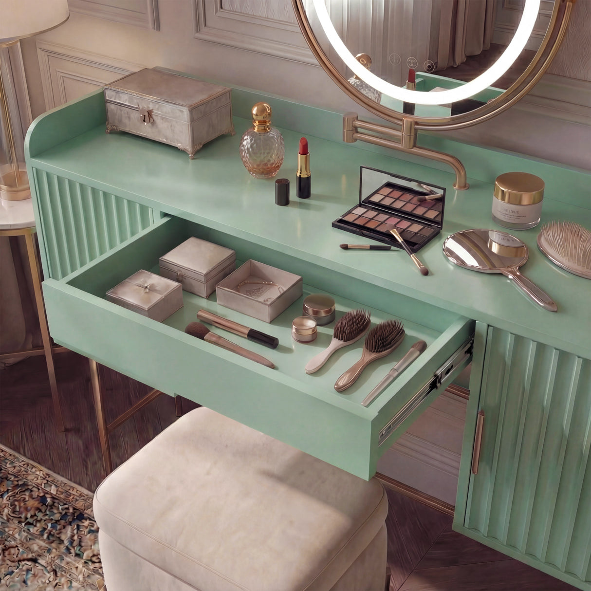 Green flutrina makeup vanity desk with an open drawer filled with beauty products, alongside a round LED light mirror