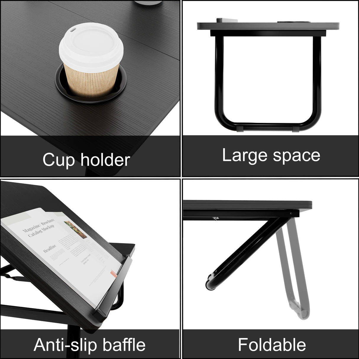Portable Folding Laptop Desk with cup holder, anti-slip baffle, foldable legs, and large surface space for bed or sofa use.