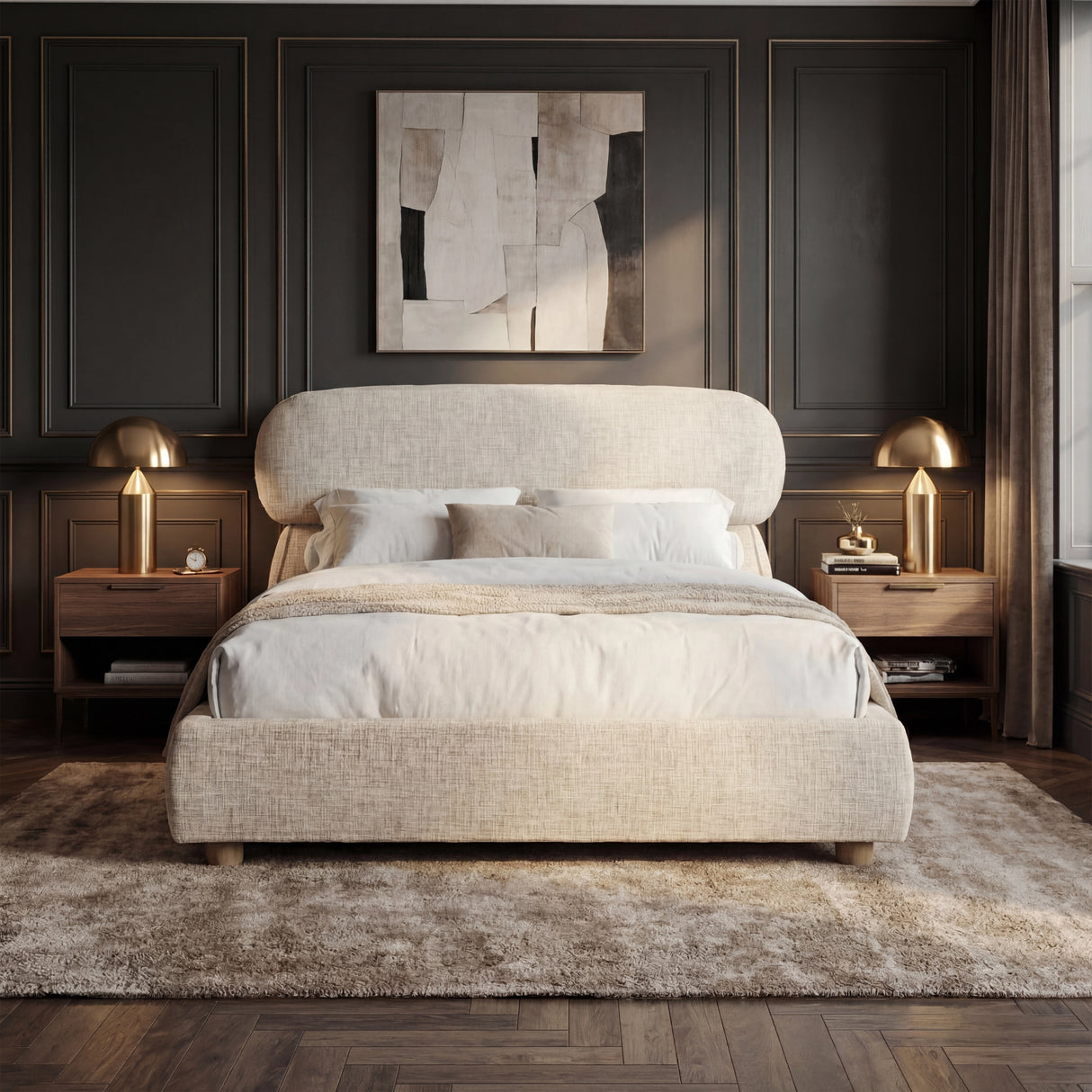 Padded fabric head support with gently rounded corners, shown from the front in a styled bedroom setting