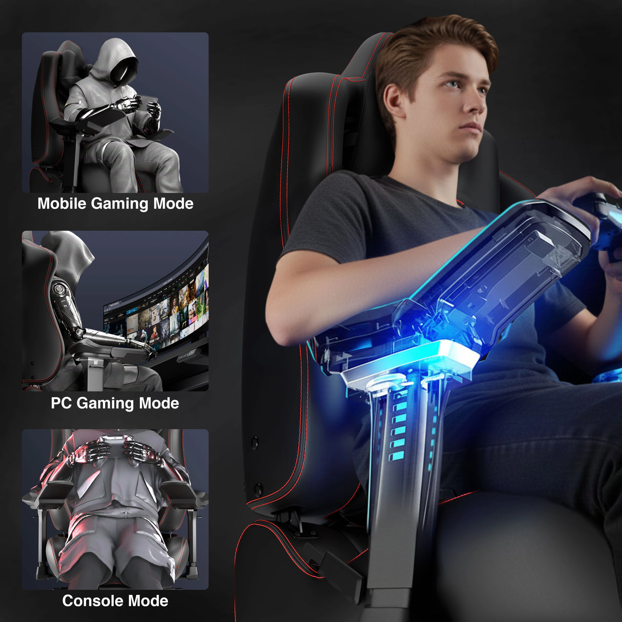 Gaming chair with adjustable modes for mobile, PC, and console gaming, featuring a person using a gaming console.