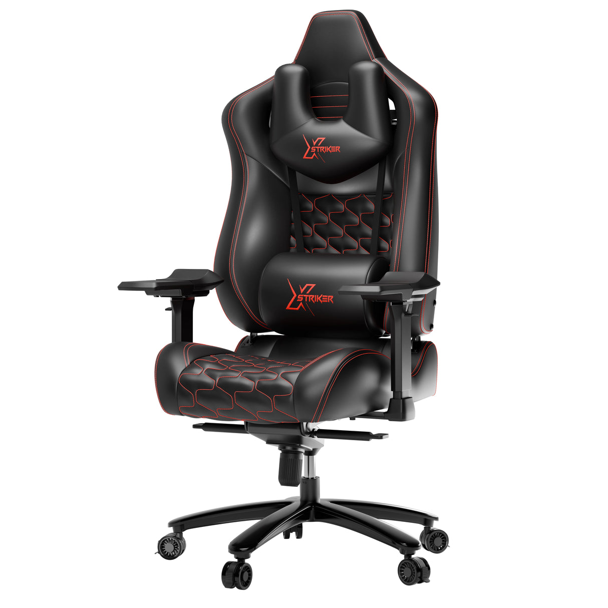 Black gaming chair with red accents on a white background