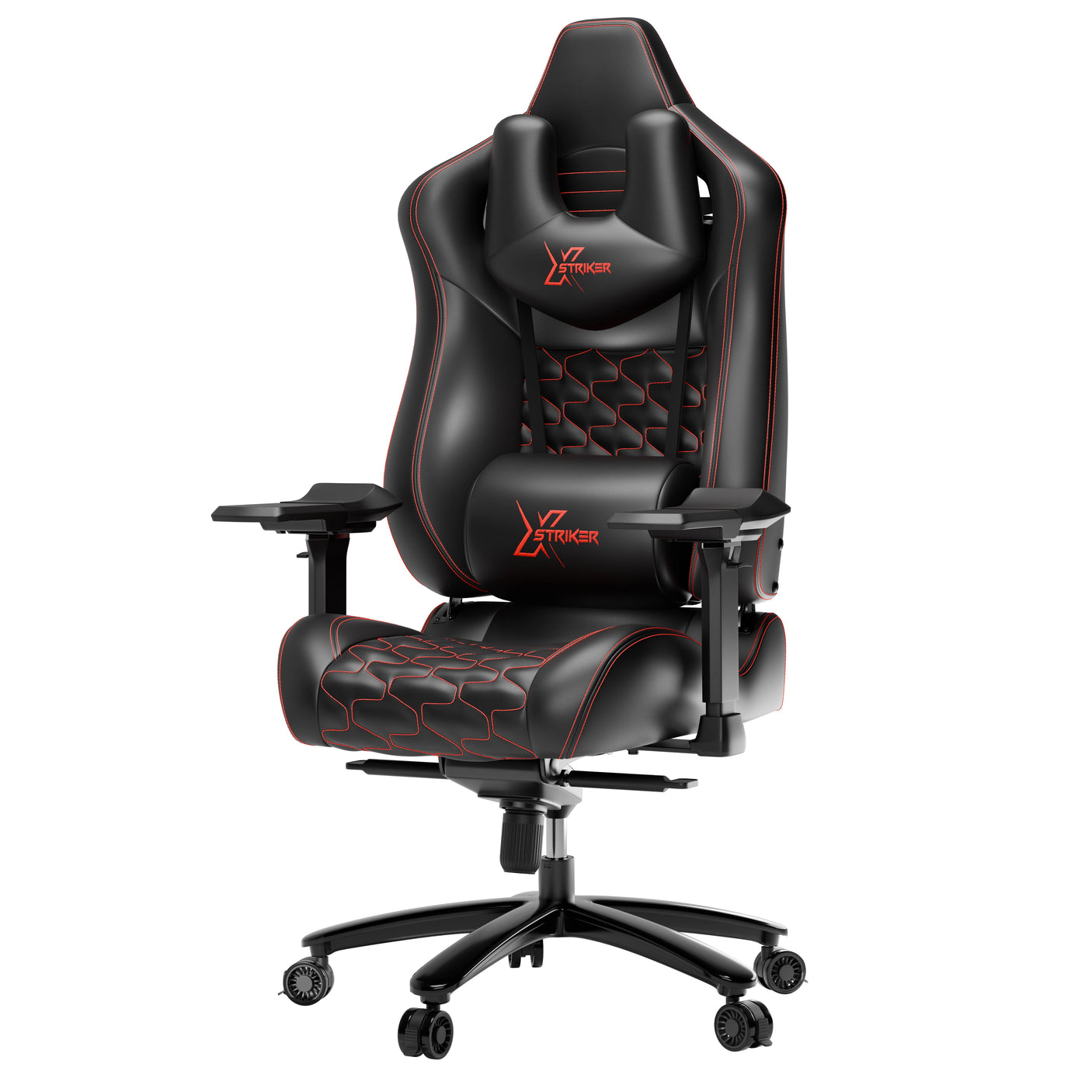 Black gaming chair with red accents on a white background