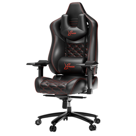Black gaming chair with red accents on a white background