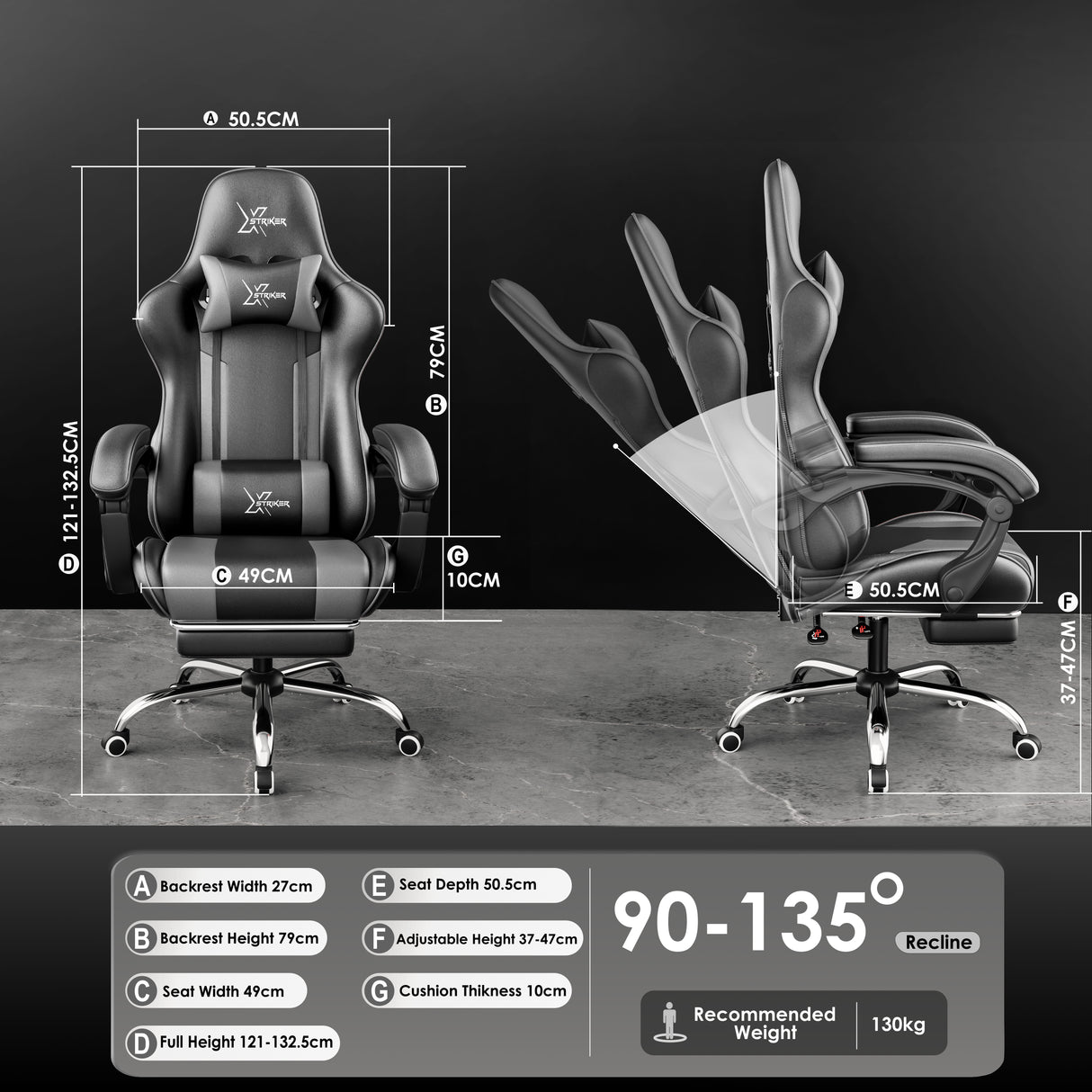 Xstriker Gaming Chair With Footrest featuring ergonomic design, adjustable recline from 90° to 135°, and padded support for home or office use.
