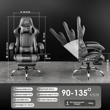 Xstriker Gaming Chair With Footrest featuring ergonomic design, adjustable recline from 90° to 135°, and padded support for home or office use.