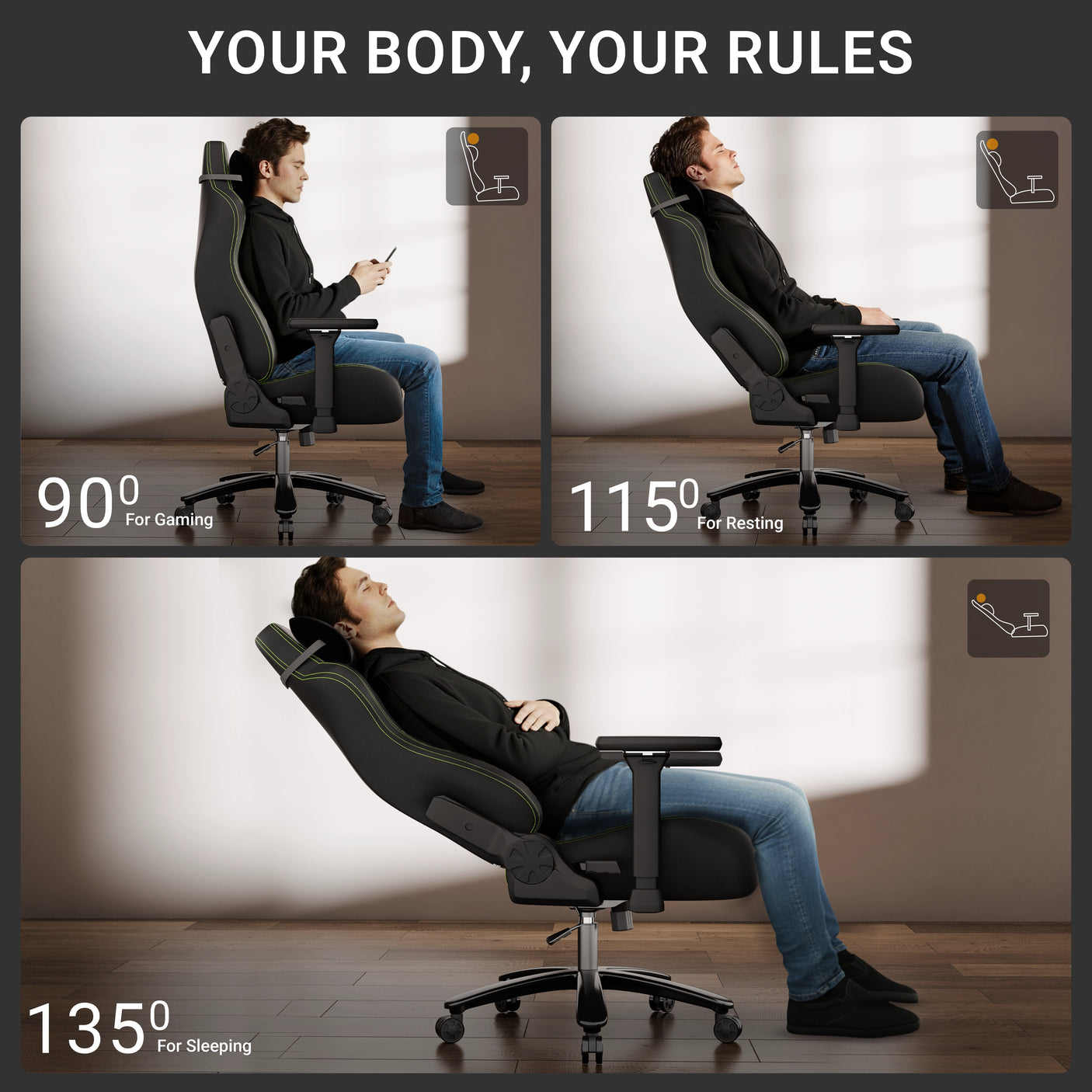 Ergonomic office chair with adjustable angles for gaming, resting, and sleeping.