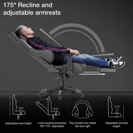 Ergonomic chair with recline and adjustable armrest features, showing a person using it.