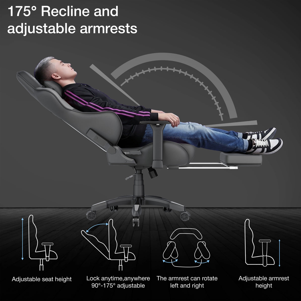 Ergonomic chair with recline and adjustable armrest features, showing a person using it.