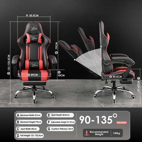 Xstriker Gaming Chair With Footrest in black and red, featuring ergonomic design, adjustable recline from 90° to 135°, and detailed size dimensions.