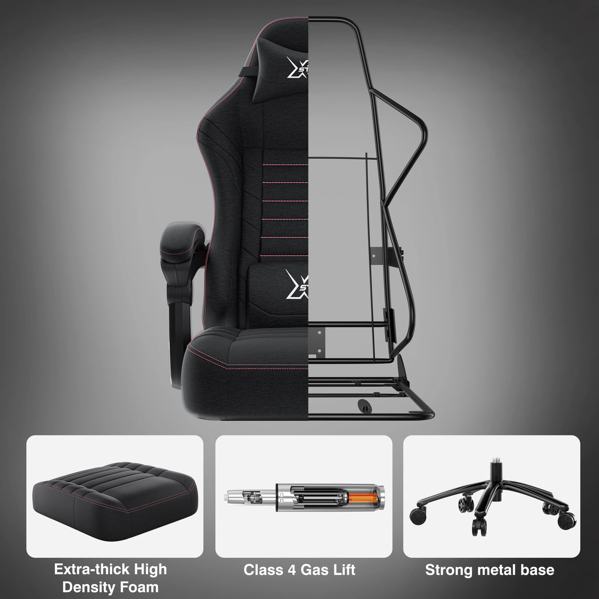 Black office chair with features highlighted on a gray background