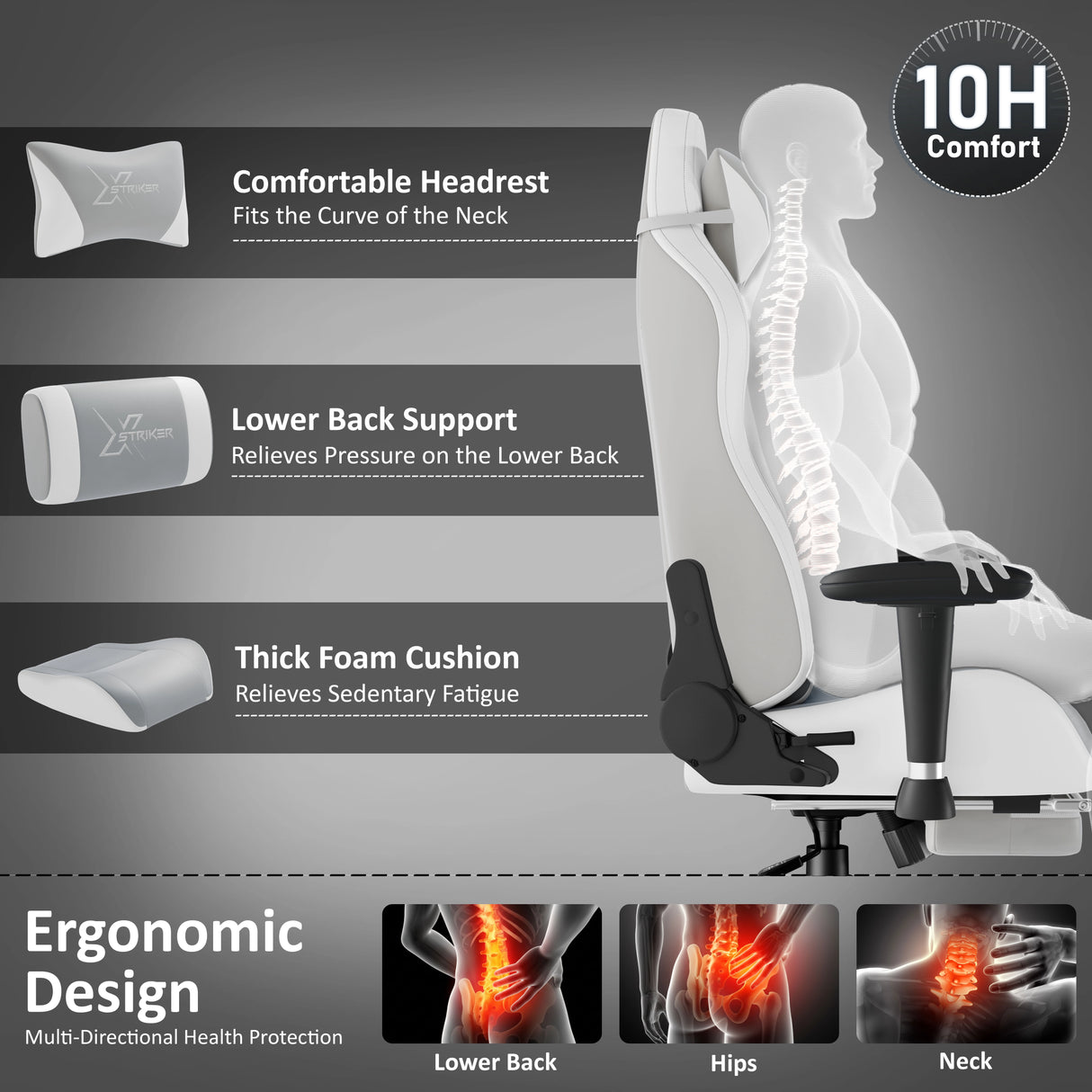 Ergonomic chair with features highlighted on a gray background
