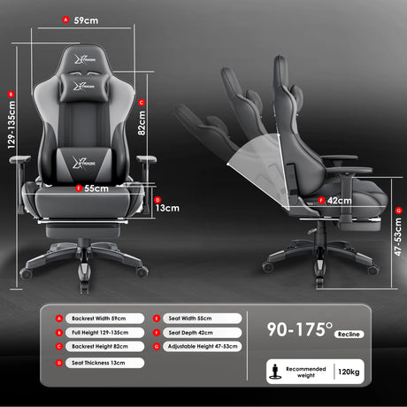 Gaming chair with detailed measurements on a dark background
