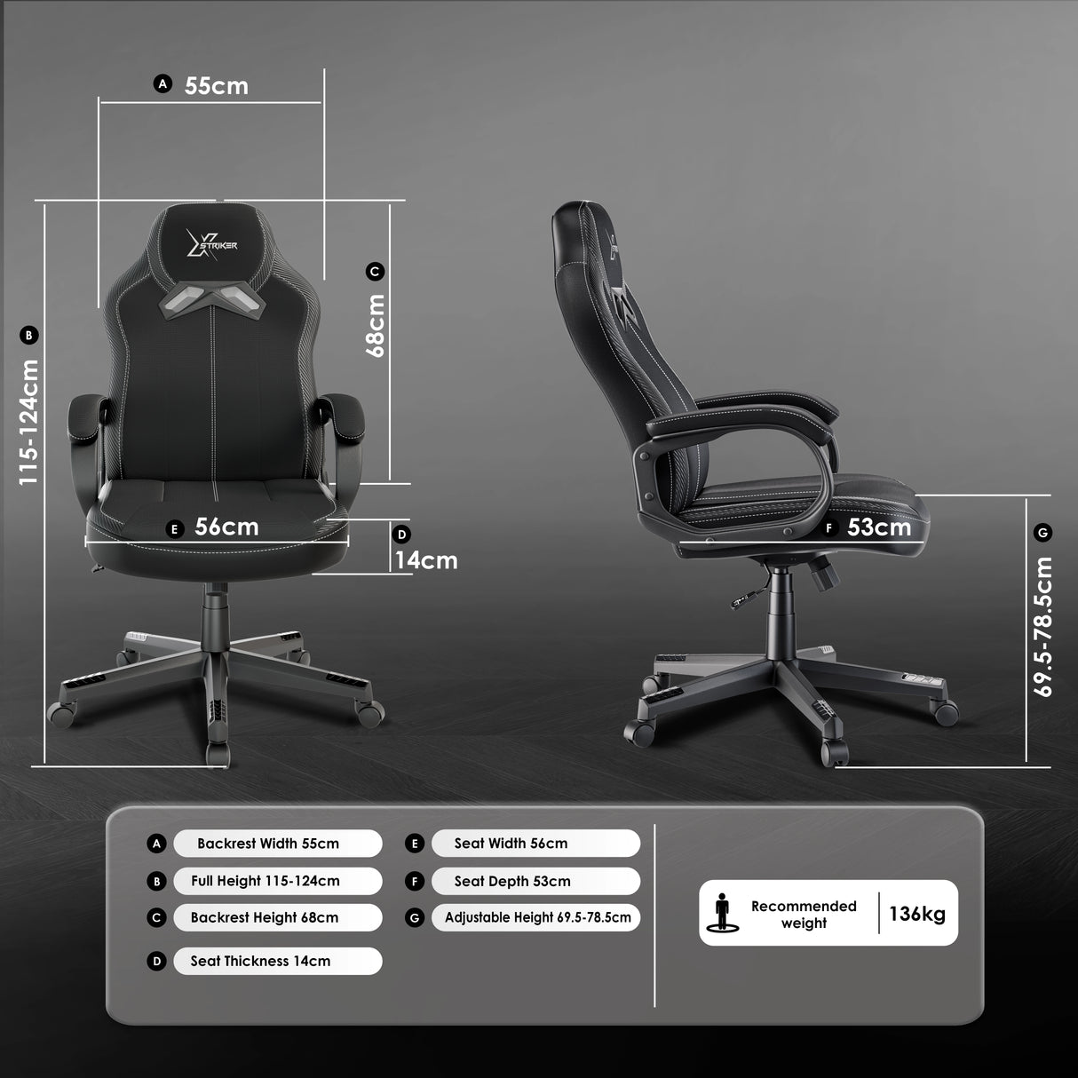 Xstriker Kids Gaming Chair in black fabric with padded arms, adjustable height, and ergonomic backrest. Ideal small desk chair for home office or study.