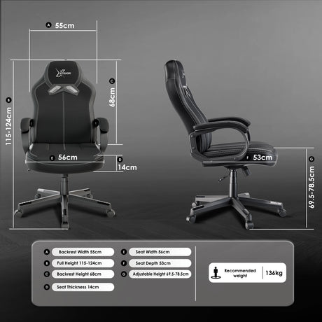 Xstriker Kids Gaming Chair in black fabric with padded arms, adjustable height, and ergonomic backrest. Ideal small desk chair for home office or study.