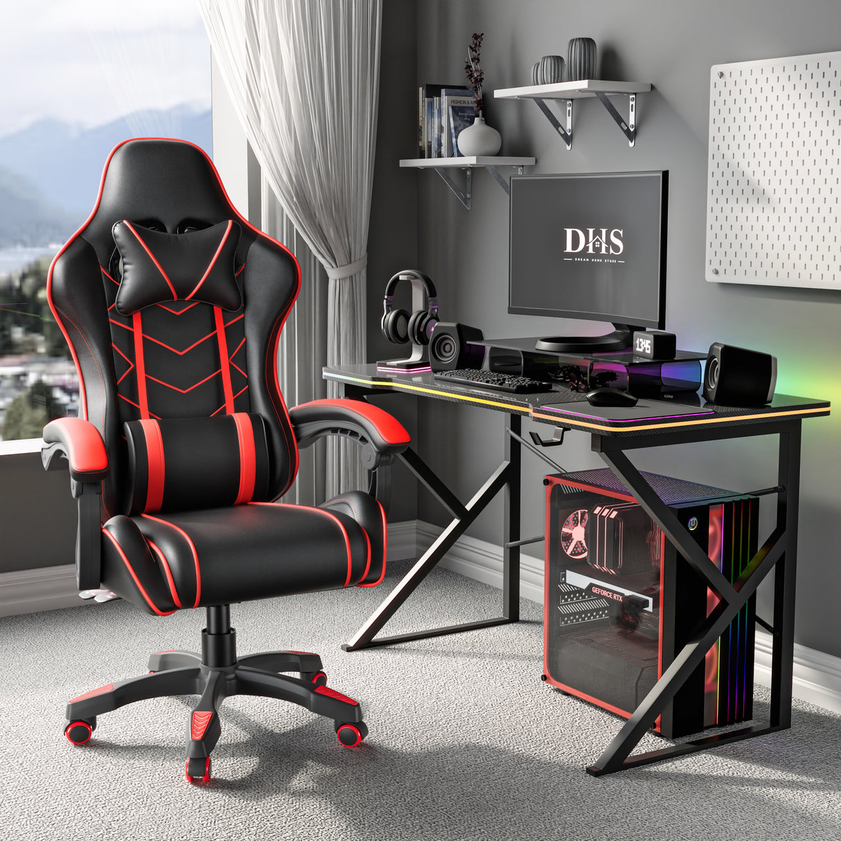 Ergonomic gaming chair with lumbar support and padded armrest in black and red, placed in a modern gaming setup with DHS branding on the monitor.