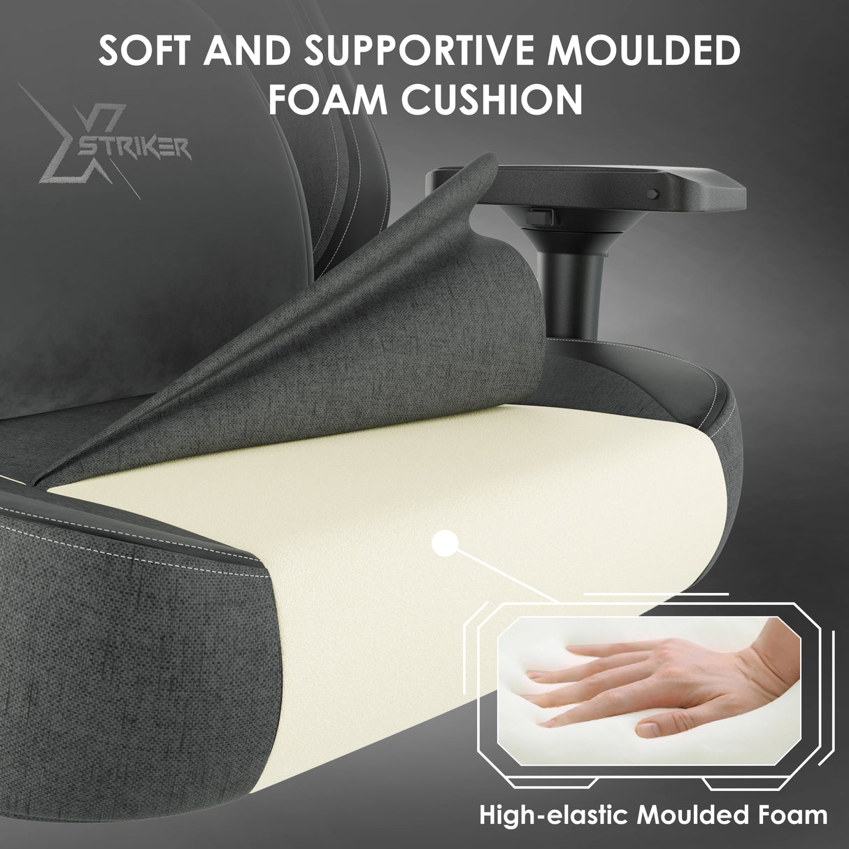 Close-up of Xstriker Ergonomic Fabric Gaming Chair showing soft high-elastic moulded foam cushion and 4D armrest for adult comfort and support.