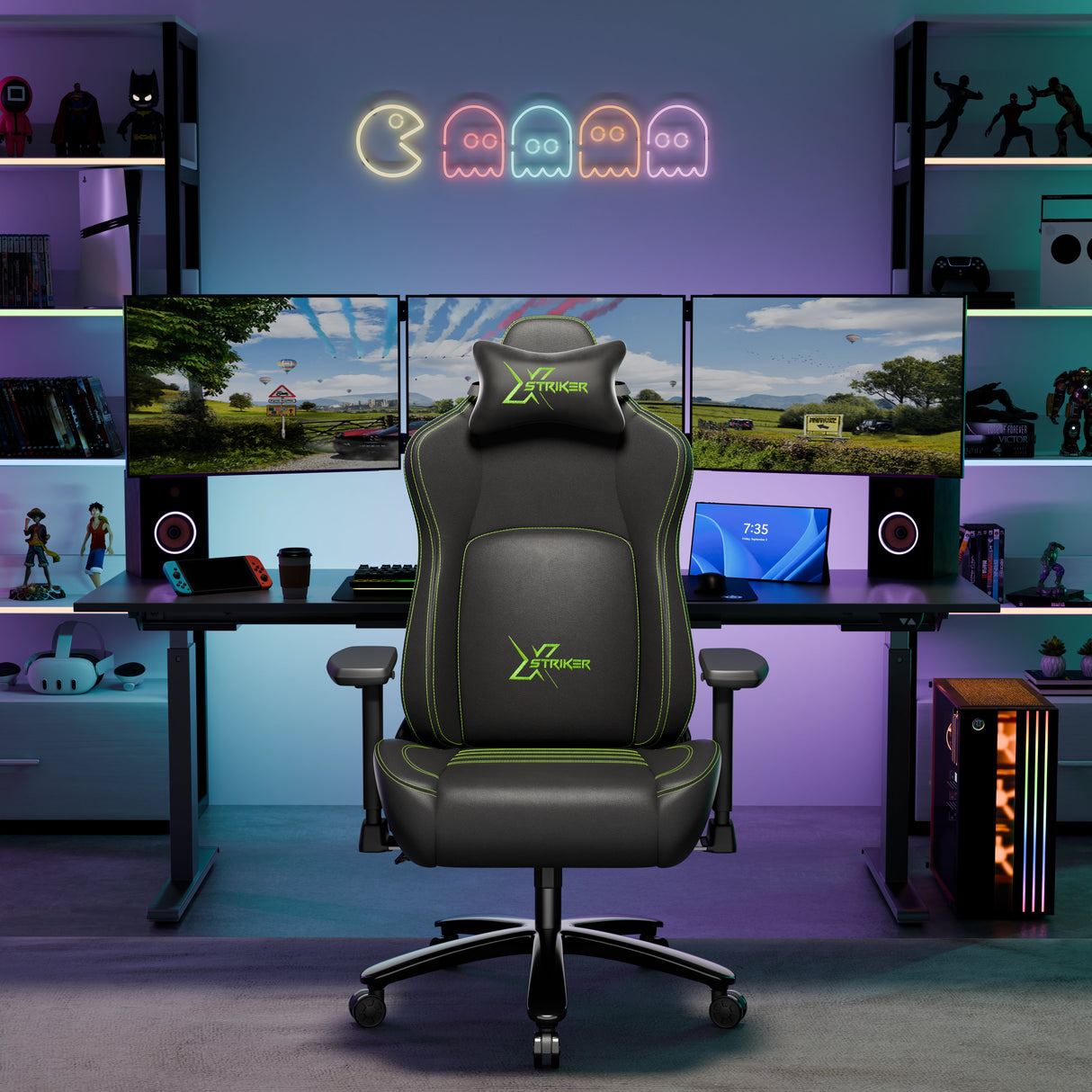 Gaming chair in a room with multiple monitors and gaming decor