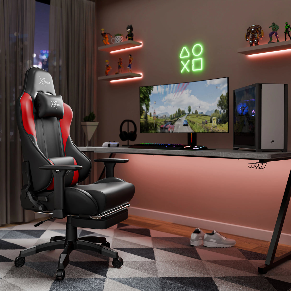 Gaming setup with a chair, monitor, and neon lights in a room.