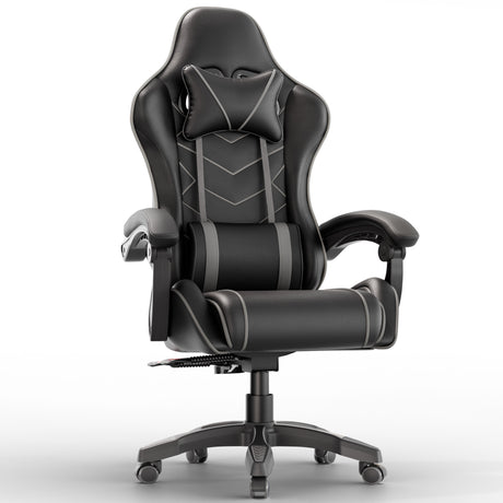 Ergonomic gaming chair with lumbar support and padded armrest in black leather finish, ideal for long gaming or office sessions. Features adjustable height and reclining backrest.