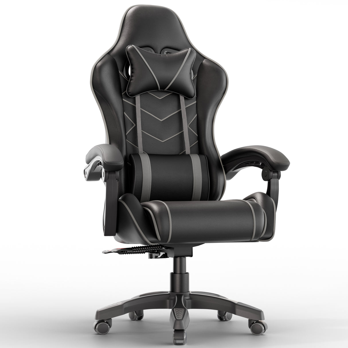 Ergonomic gaming chair with lumbar support and padded armrest in black leather finish, ideal for long gaming or office sessions. Features adjustable height and reclining backrest.