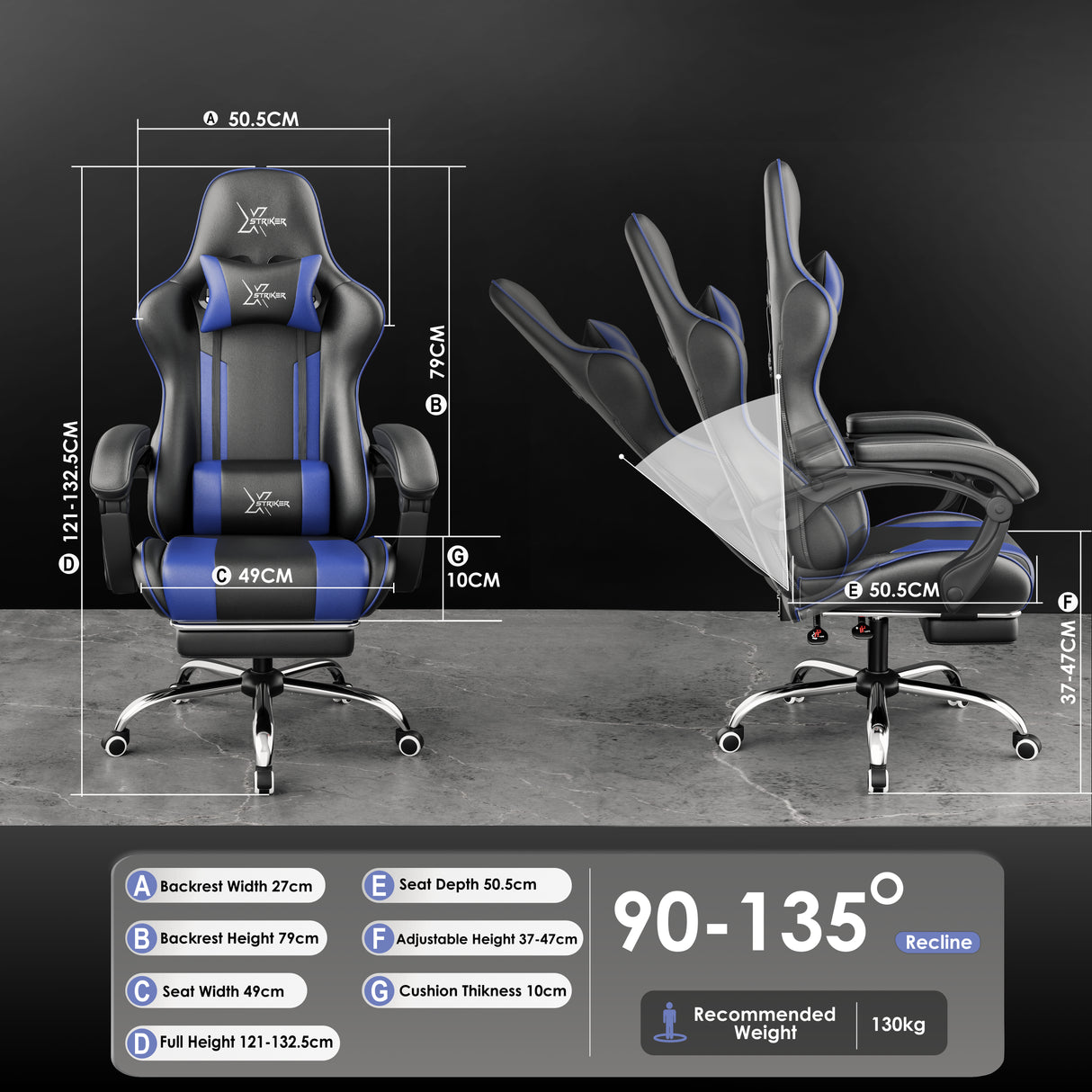 Xstriker Gaming Chair With Footrest in black and blue, featuring ergonomic design, adjustable recline from 90° to 135°, and detailed size dimensions.
